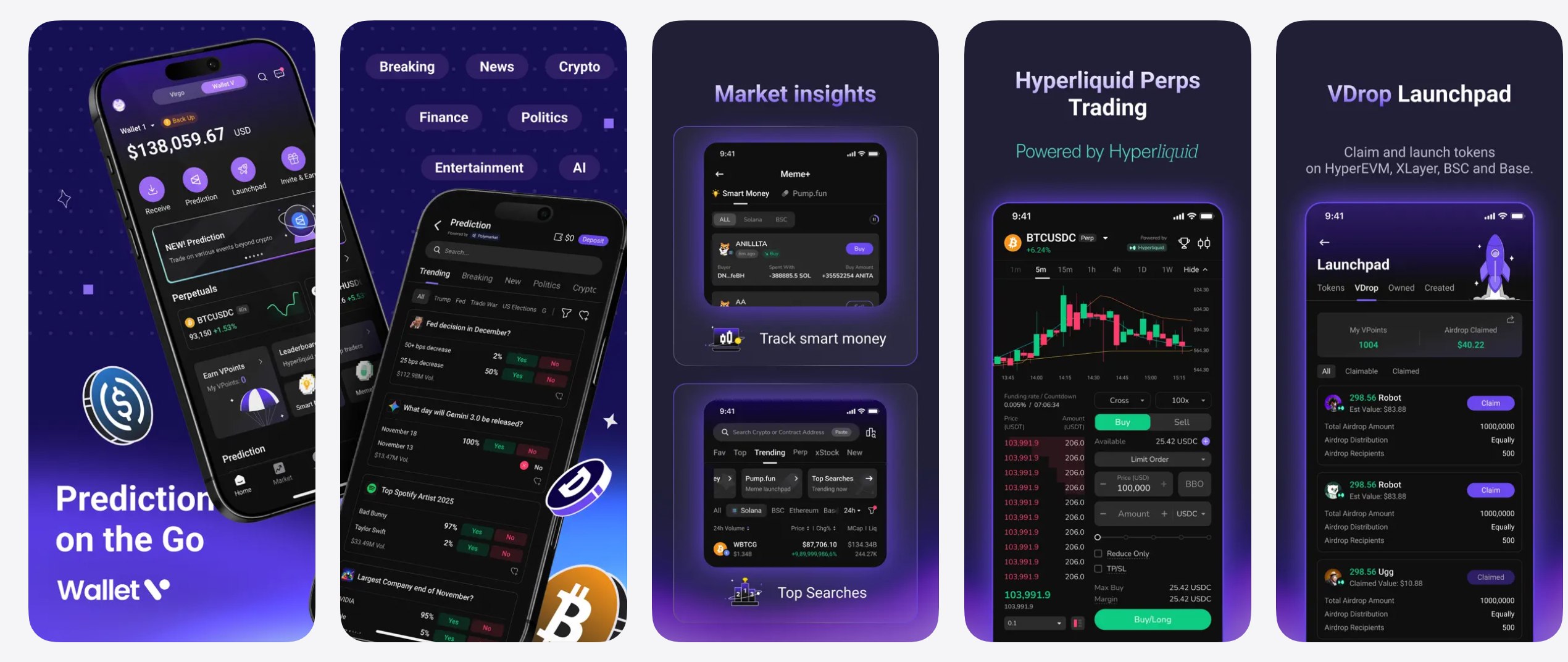 Wallet V 聚合 xStocks、aster&hyperliquid、polymarket——不用开户、不用 KYC，在手机上直接买美股、做合约、玩预测市场